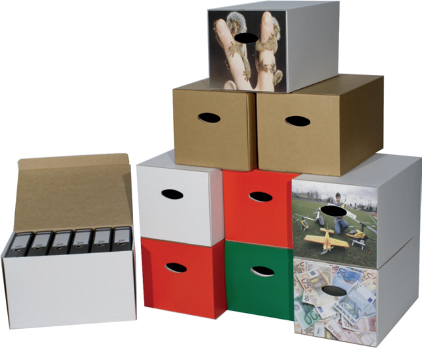 Archivkartons Archivy - weiß, rot, grün - oder auc nach Ihren Vorgaben farbig bedruckt.